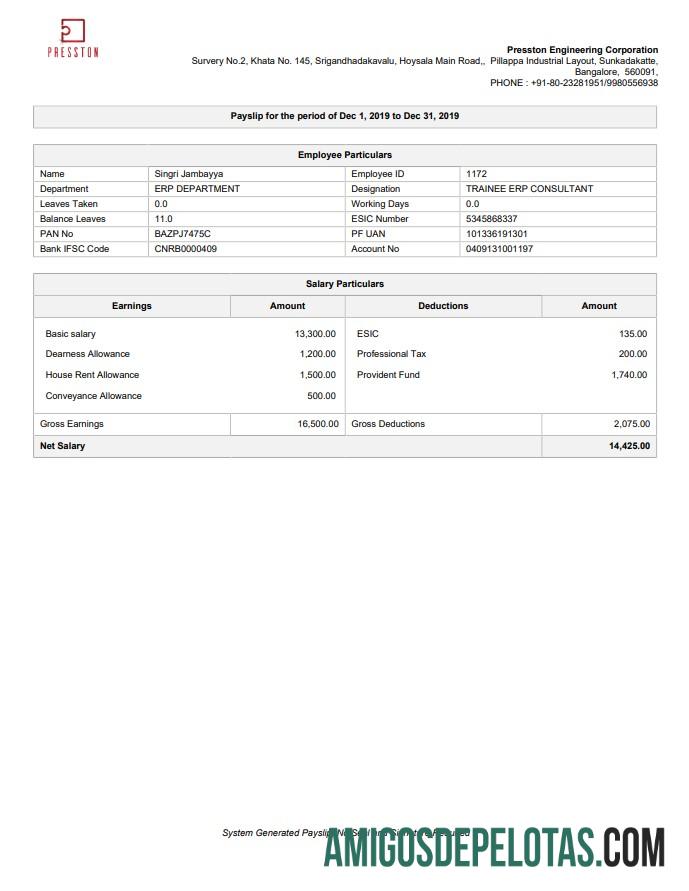 Recibo de pagamento da Presston Engineering Corporation em formato PDF e Word exemplo